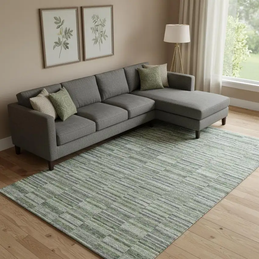 Olive Green And Gray Striped Washable Area Rug With UV Protection Photo 1