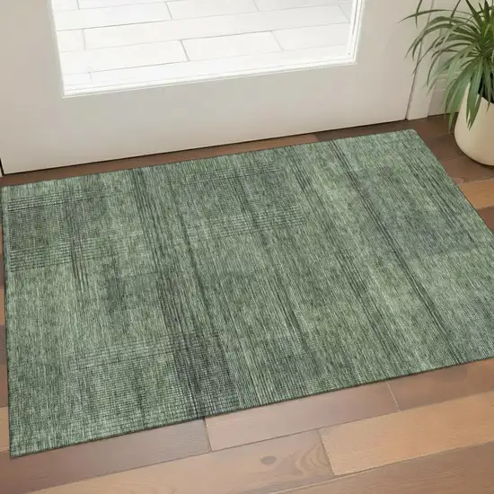 Olive Green And Gray Striped Washable Area Rug With UV Protection Photo 1