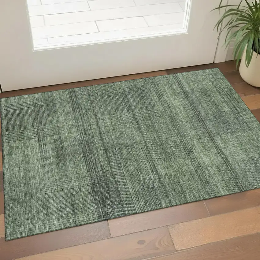 Olive Green And Gray Striped Washable Area Rug With UV Protection Photo 1