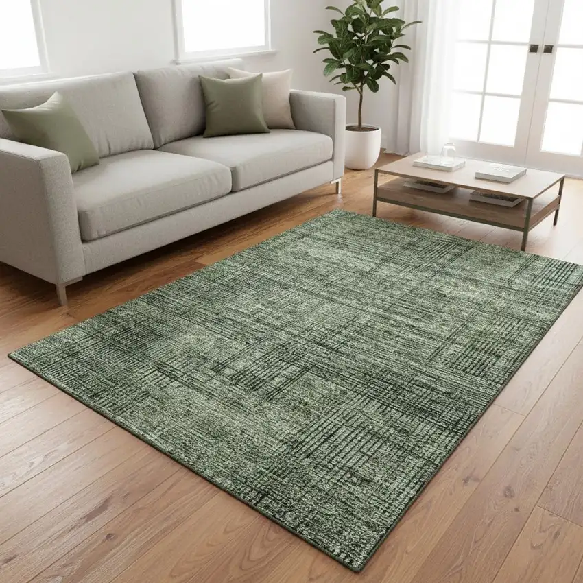 Olive Green And Gray Striped Washable Area Rug With UV Protection Photo 2
