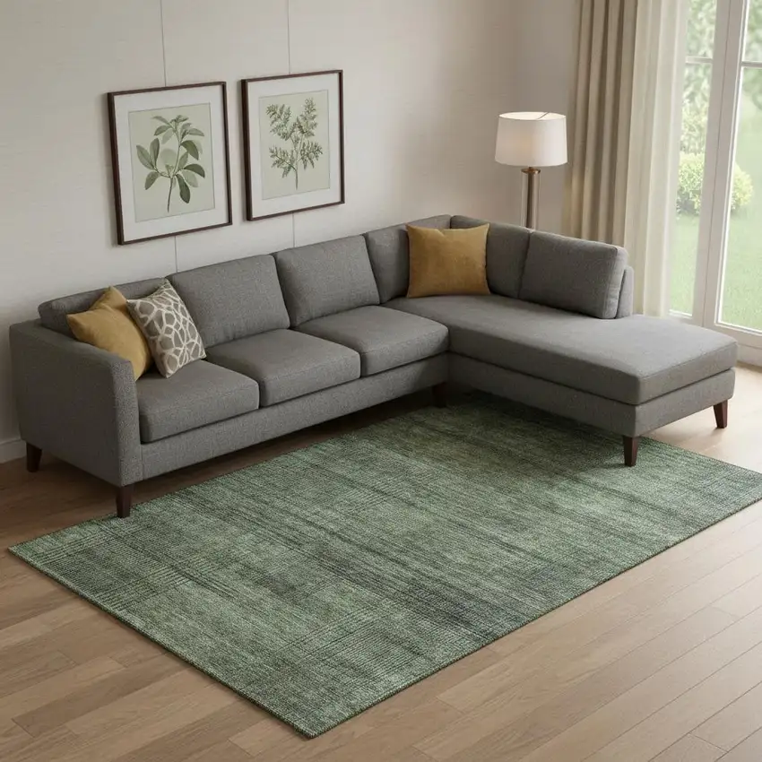 Olive Green And Gray Striped Washable Area Rug With UV Protection Photo 1