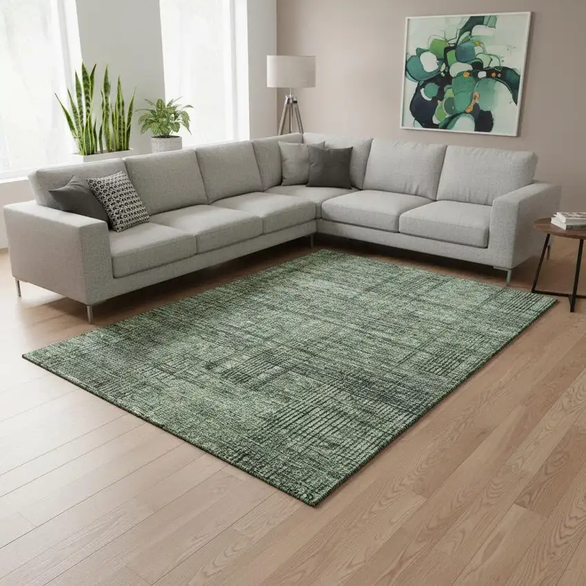 Olive Green And Gray Striped Washable Area Rug With UV Protection Photo 2