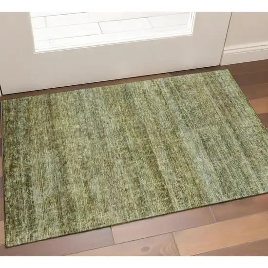 Olive Green And Gray Striped Washable Area Rug With UV Protection Photo 1
