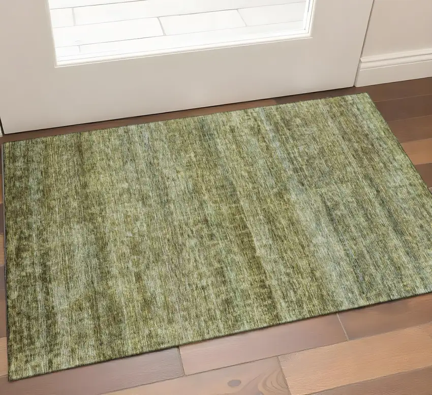 Olive Green And Gray Striped Washable Area Rug With UV Protection Photo 1