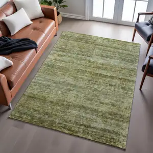 Photo of Olive Green And Gray Striped Washable Area Rug With UV Protection