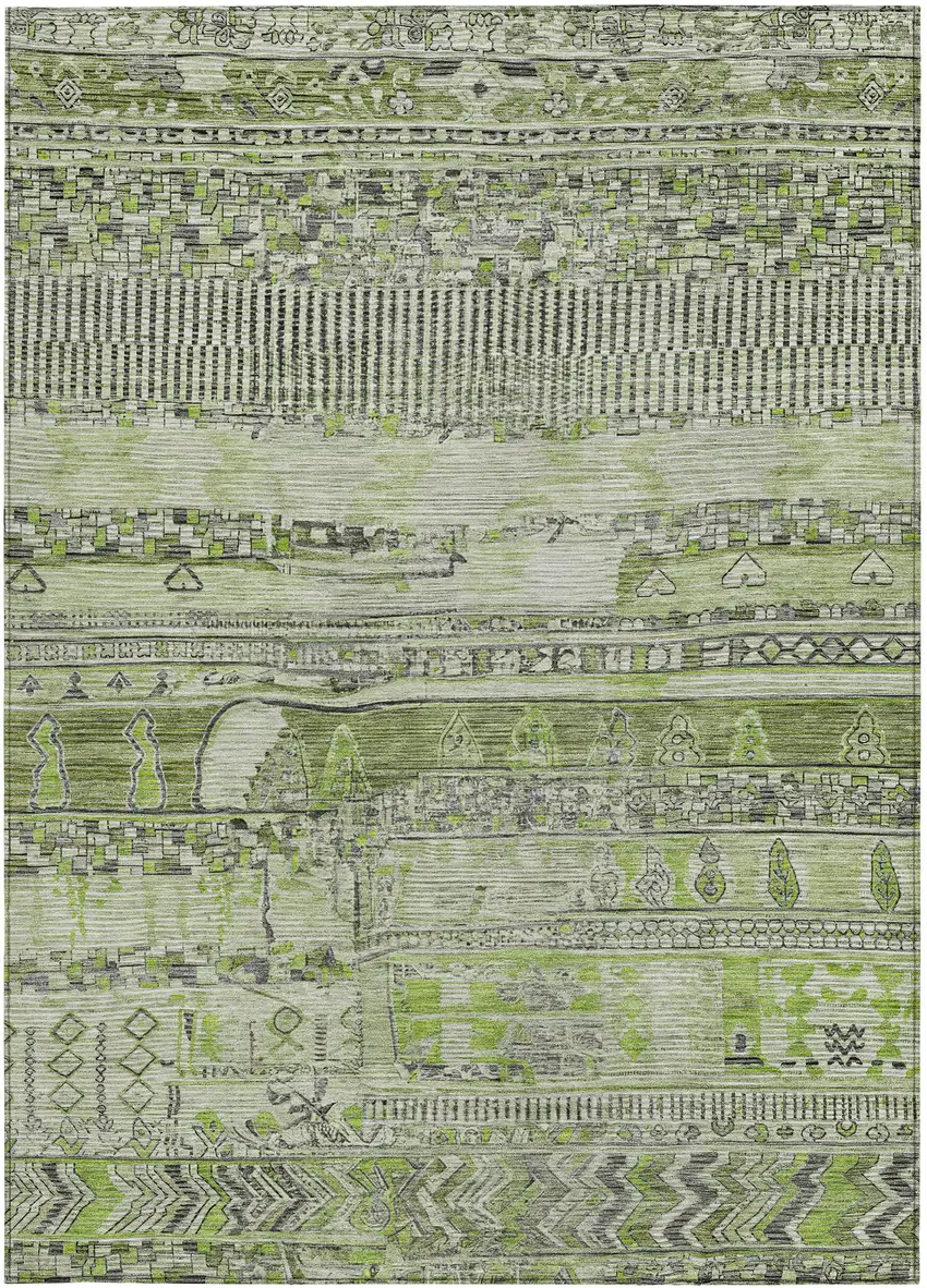 Olive Green And Gray Striped Washable Indoor Outdoor Area Rug Photo 3
