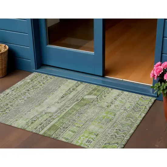 Olive Green And Gray Striped Washable Indoor Outdoor Area Rug Photo 2