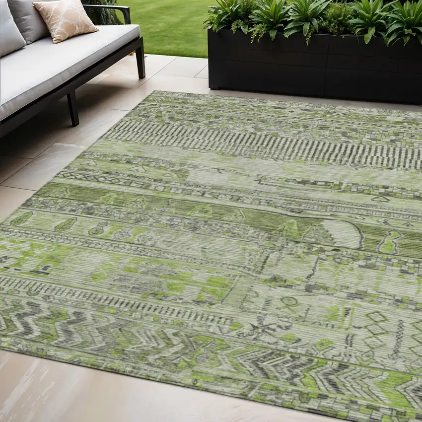Olive Green And Gray Striped Washable Indoor Outdoor Area Rug Photo 2