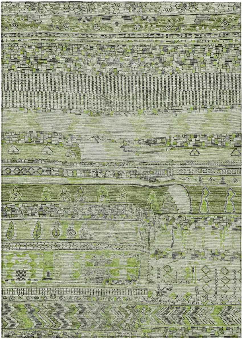 Olive Green And Gray Striped Washable Indoor Outdoor Area Rug Photo 1