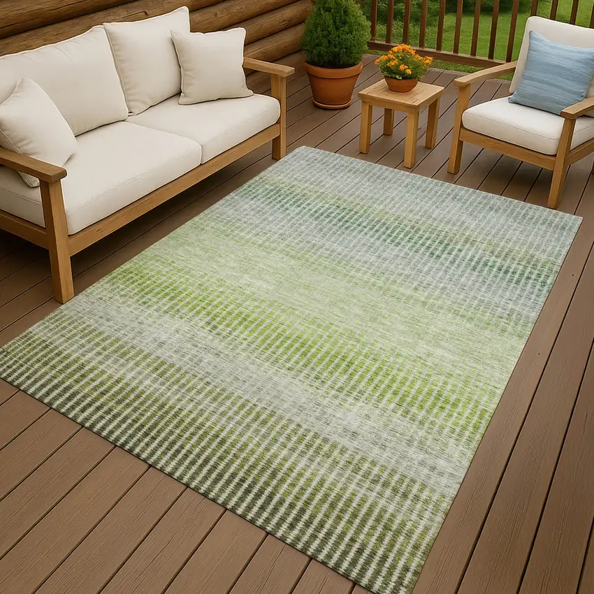 Olive Green And Gray Striped Washable Indoor Outdoor Area Rug Photo 9