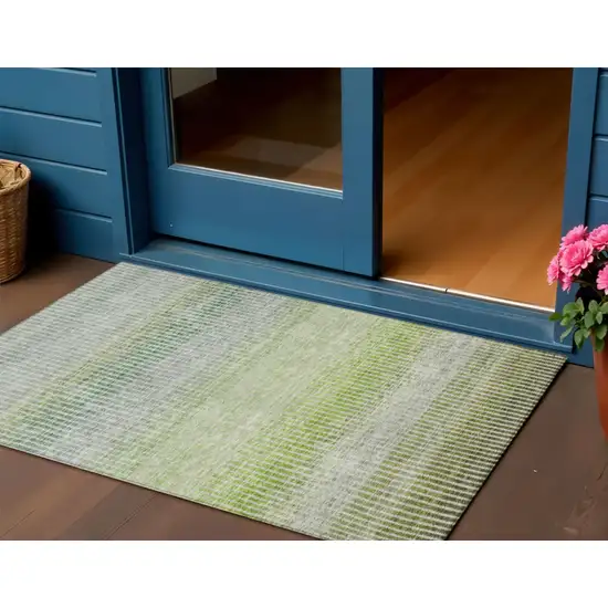 Olive Green And Gray Striped Washable Indoor Outdoor Area Rug Photo 1