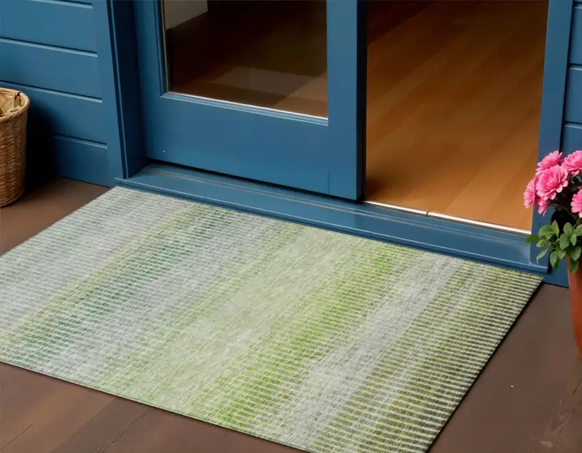Olive Green And Gray Striped Washable Indoor Outdoor Area Rug Photo 1