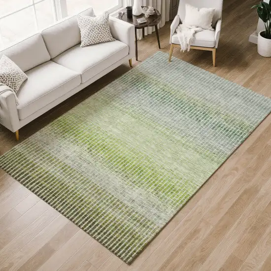 Olive Green And Gray Striped Washable Indoor Outdoor Area Rug Photo 7