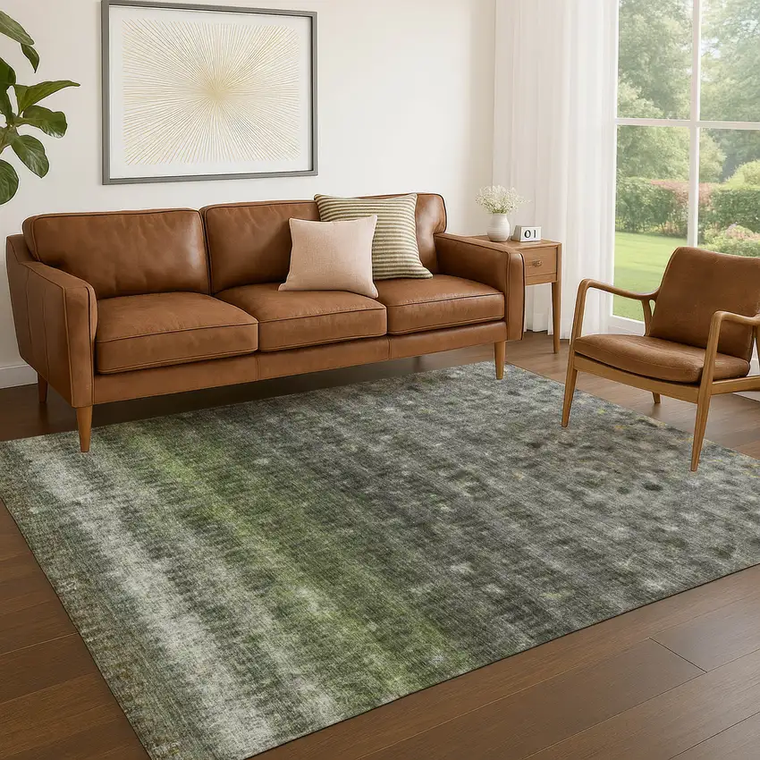 Olive Green And Gray Striped Washable Indoor Outdoor Area Rug Photo 7