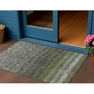 Photo of Olive Green And Gray Striped Washable Indoor Outdoor Area Rug