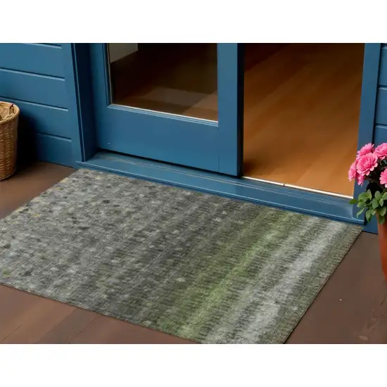 Olive Green And Gray Striped Washable Indoor Outdoor Area Rug Photo 1