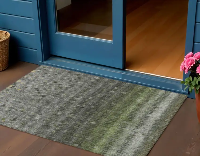 Olive Green And Gray Striped Washable Indoor Outdoor Area Rug Photo 1