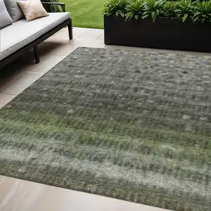 Photo of Olive Green And Gray Striped Washable Indoor Outdoor Area Rug