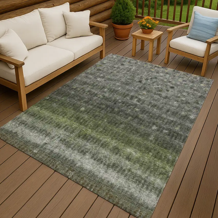 Olive Green And Gray Striped Washable Indoor Outdoor Area Rug Photo 9