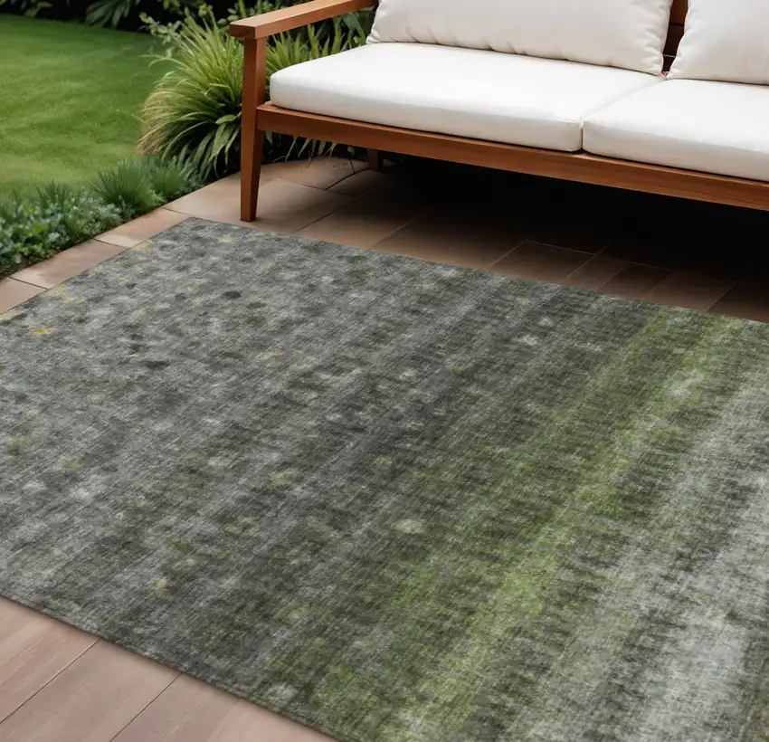 Olive Green And Gray Striped Washable Indoor Outdoor Area Rug Photo 1