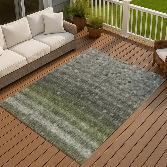Olive Green And Gray Striped Washable Indoor Outdoor Area Rug Photo 6
