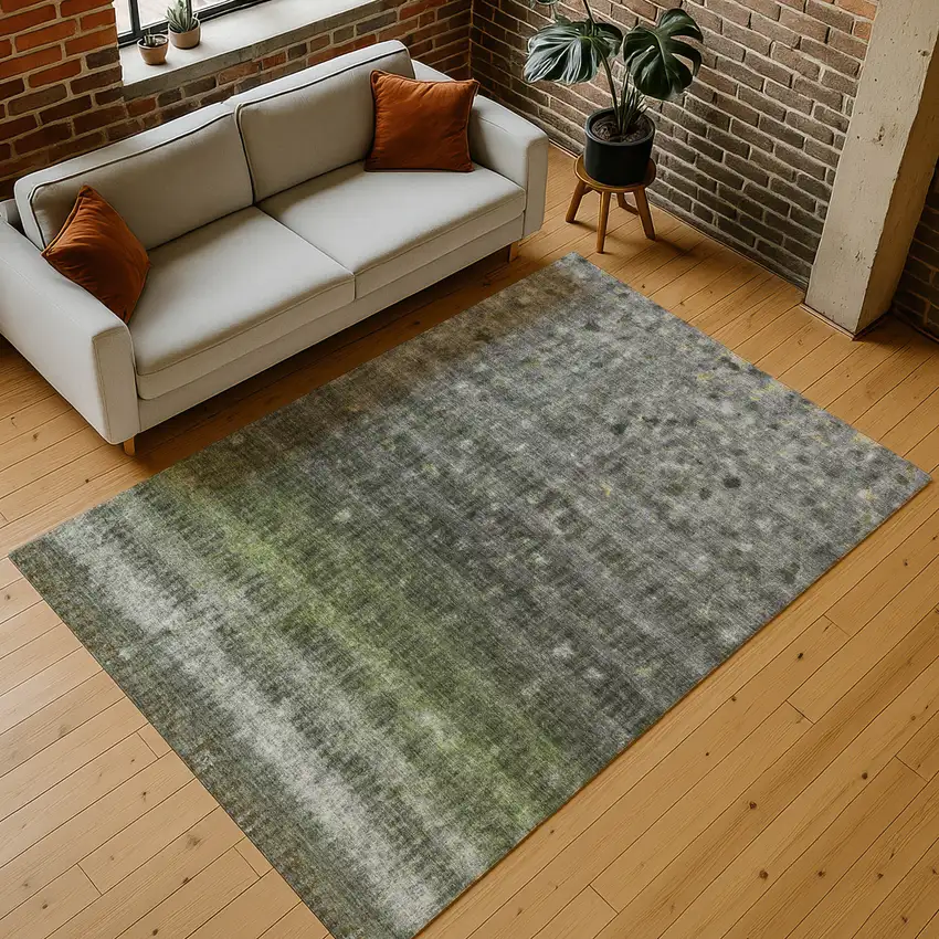 Olive Green And Gray Striped Washable Indoor Outdoor Area Rug Photo 8