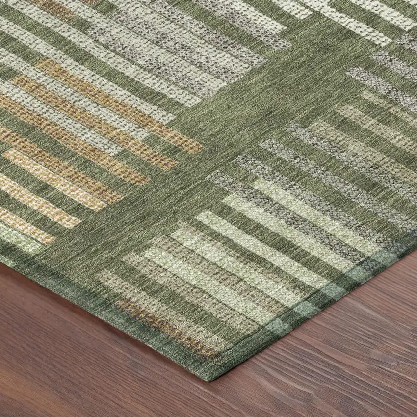 Olive Green And Gray Striped Washable Indoor Outdoor Area Rug Photo 4