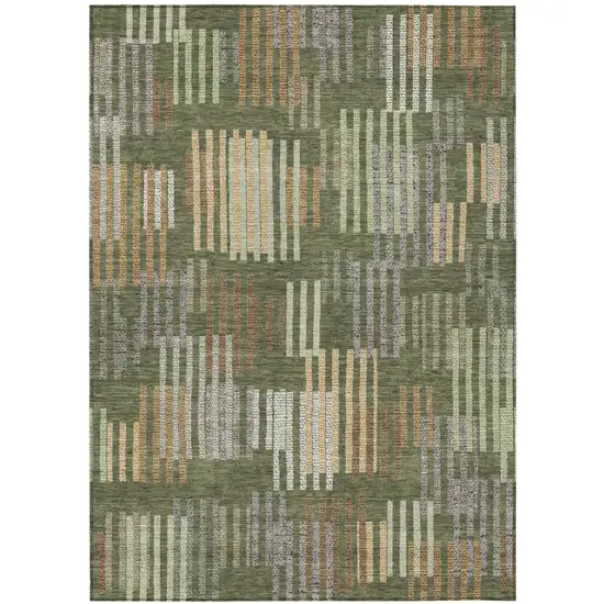 Olive Green And Gray Striped Washable Indoor Outdoor Area Rug Photo 1