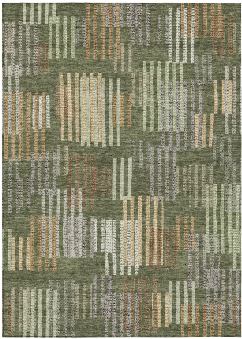 Olive Green And Gray Striped Washable Indoor Outdoor Area Rug Photo 1