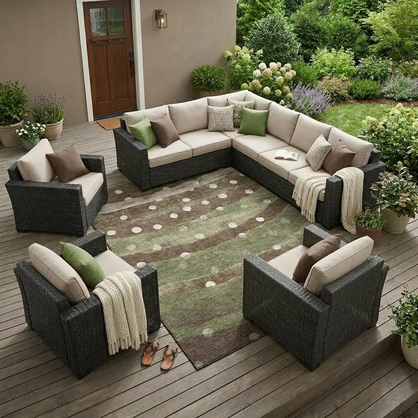 Olive Green And Gray Striped Washable Indoor Outdoor Area Rug Photo 1