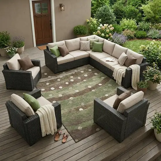 Olive Green And Gray Striped Washable Indoor Outdoor Area Rug Photo 1
