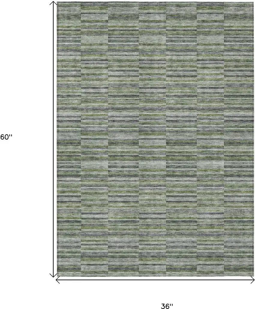 Olive Green And Gray Striped Washable Indoor Outdoor Area Rug Photo 3