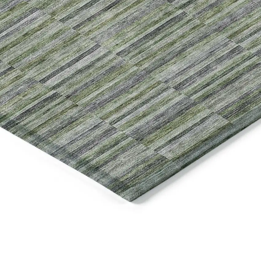 Olive Green And Gray Striped Washable Indoor Outdoor Area Rug Photo 5