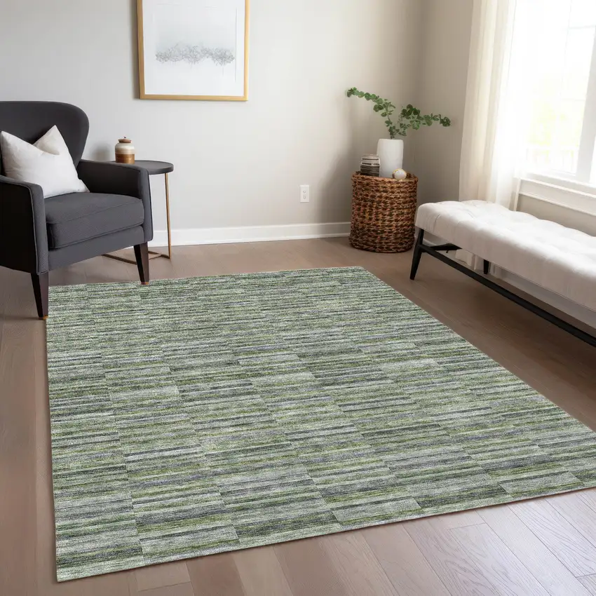 Olive Green And Gray Striped Washable Indoor Outdoor Area Rug Photo 9