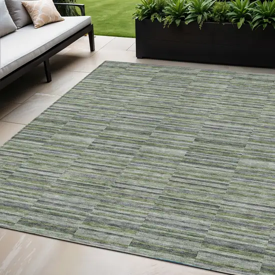 Olive Green And Gray Striped Washable Indoor Outdoor Area Rug Photo 1