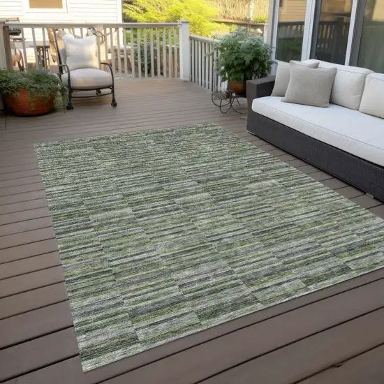 Olive Green And Gray Striped Washable Indoor Outdoor Area Rug Photo 9