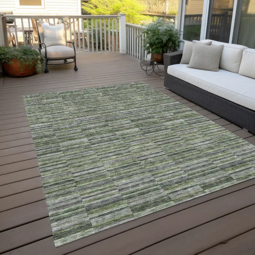 Olive Green And Gray Striped Washable Indoor Outdoor Area Rug Photo 9