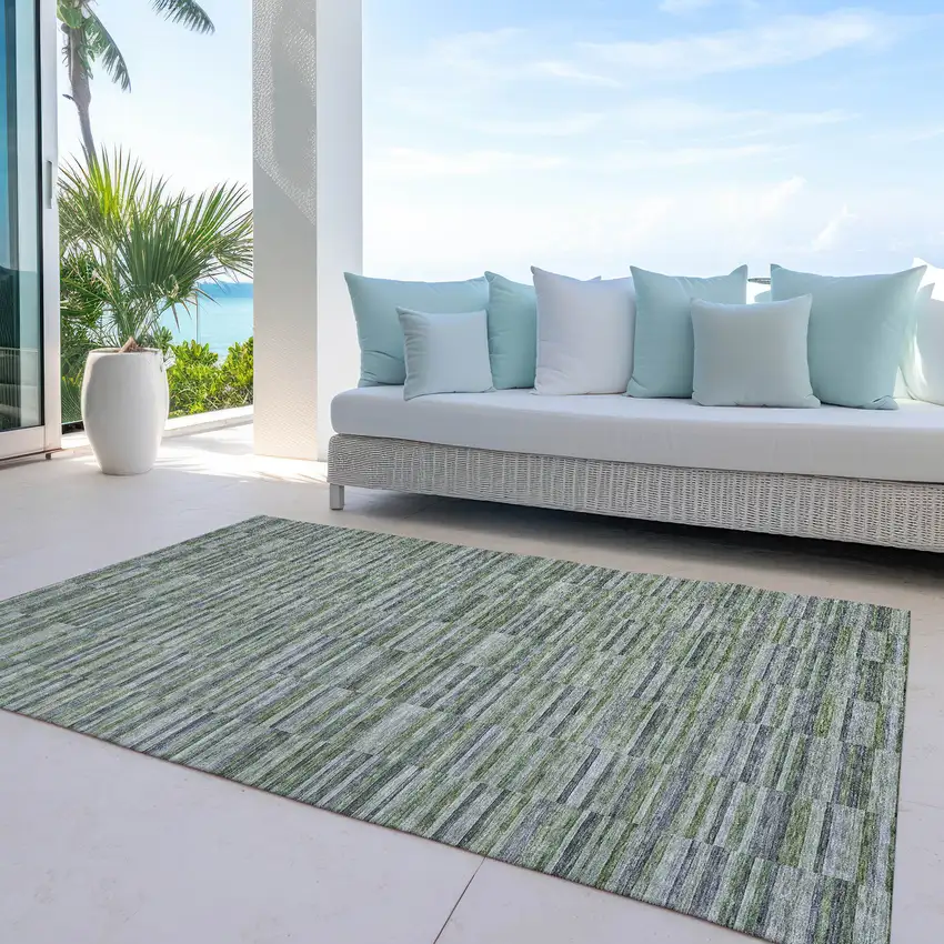 Olive Green And Gray Striped Washable Indoor Outdoor Area Rug Photo 7