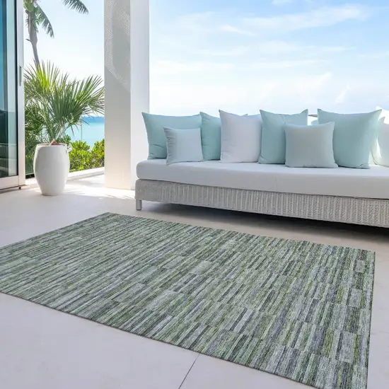 Olive Green And Gray Striped Washable Indoor Outdoor Area Rug Photo 7