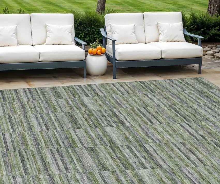 Olive Green And Gray Striped Washable Indoor Outdoor Area Rug Photo 1