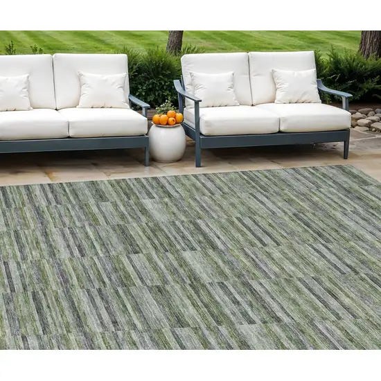 Olive Green And Gray Striped Washable Indoor Outdoor Area Rug Photo 1