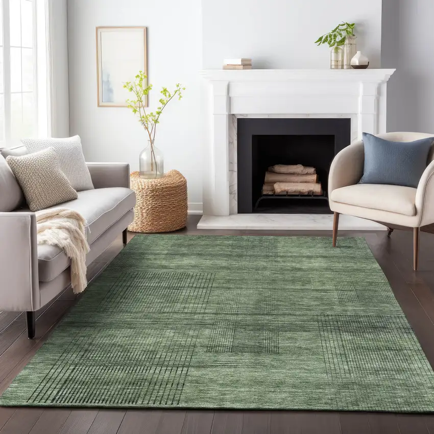 Olive Green And Gray Striped Washable Indoor Outdoor Area Rug Photo 9