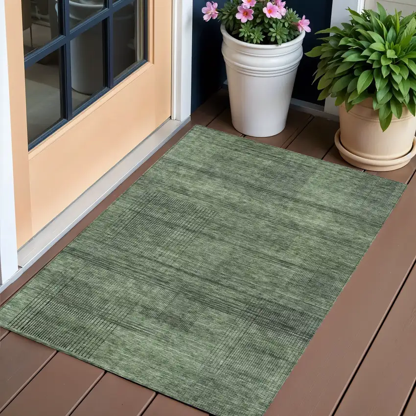 Olive Green And Gray Striped Washable Indoor Outdoor Area Rug Photo 1
