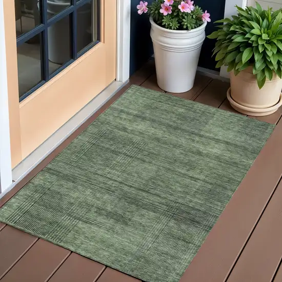 Olive Green And Gray Striped Washable Indoor Outdoor Area Rug Photo 1