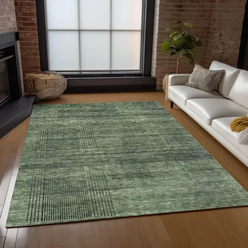 Olive Green And Gray Striped Washable Indoor Outdoor Area Rug Photo 9