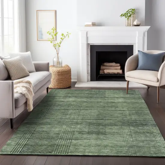 Olive Green And Gray Striped Washable Indoor Outdoor Area Rug Photo 9