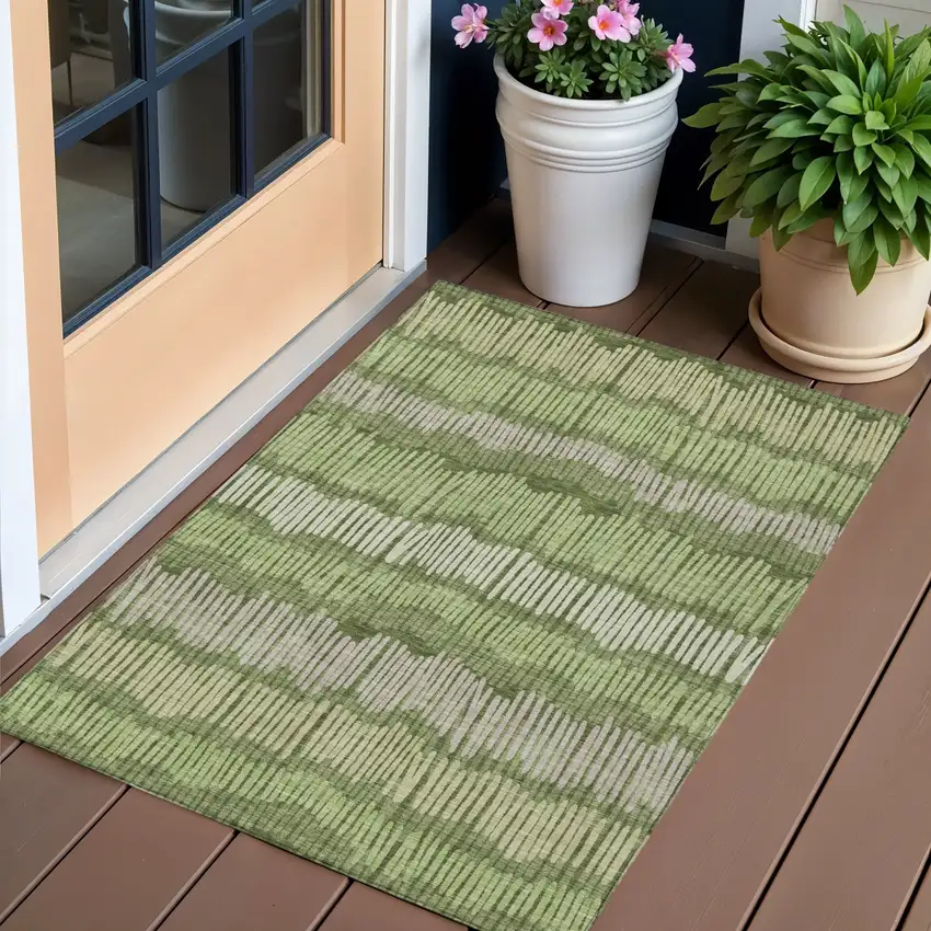 Olive Green And Gray Striped Washable Indoor Outdoor Area Rug Photo 1