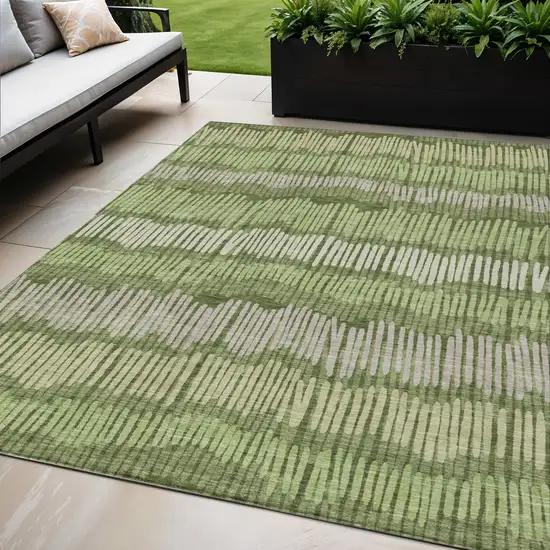 Olive Green And Gray Striped Washable Indoor Outdoor Area Rug Photo 1