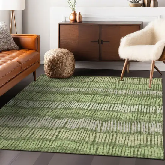Olive Green And Gray Striped Washable Indoor Outdoor Area Rug Photo 9