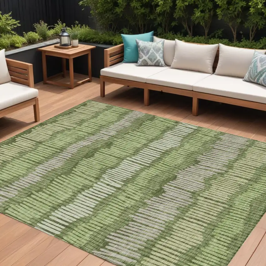 Olive Green And Gray Striped Washable Indoor Outdoor Area Rug Photo 1